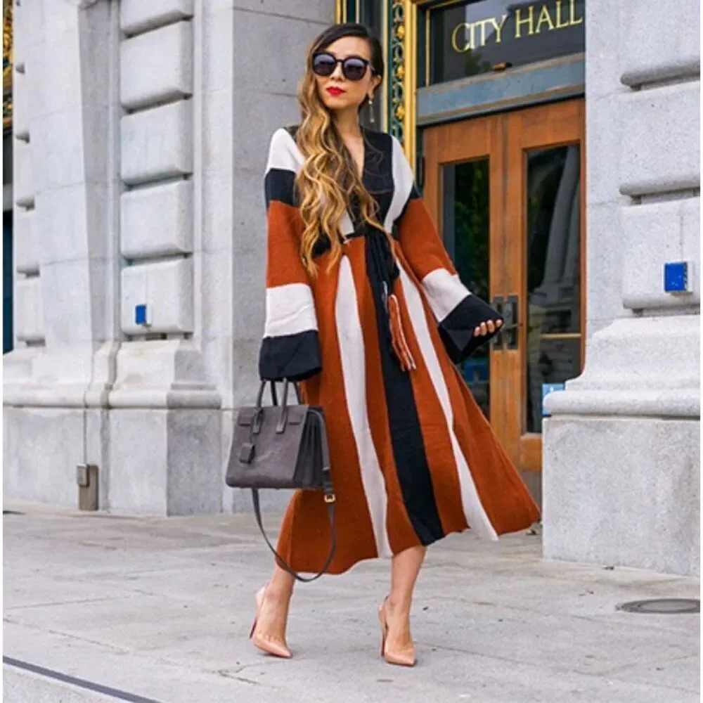 FREE PEOPLE | Wanderlust Midi Dress Neutral Combo Sweater Belted | Size Small